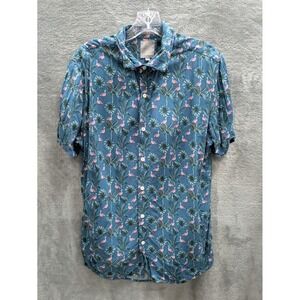 Hawaiian Button Up Shirt Men's Medium Flamingo Palm Travel Resort Vacation
